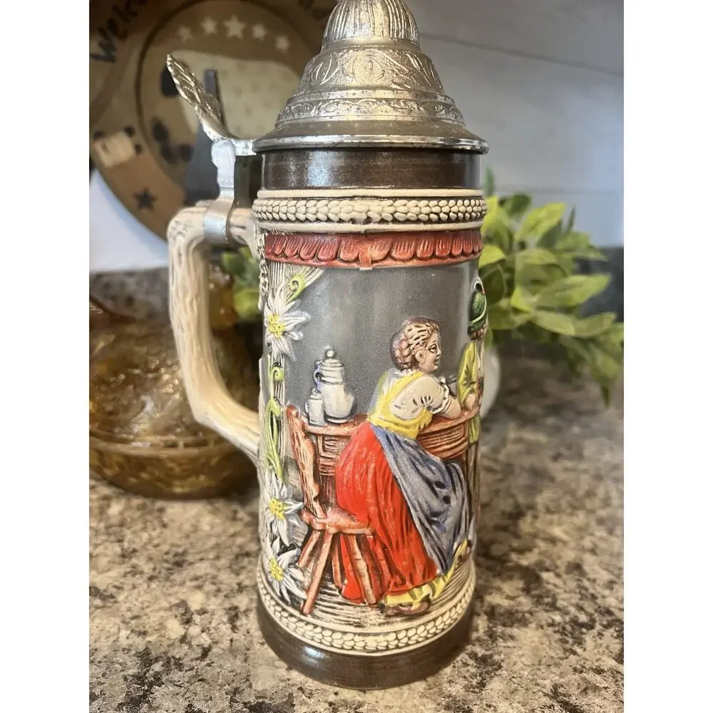 Vtg Gertz Beer Stein Pub Scene Translation “ A Full Glass, A Lot Of Fun” 9”